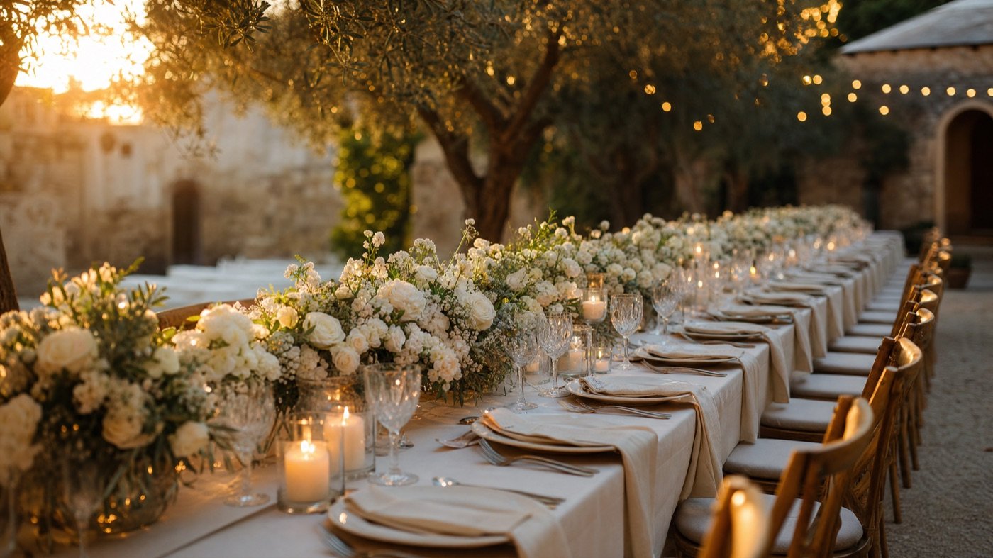 Festlich gedeckte Hochzeitstafel mit weißen Blumen im Abendlicht